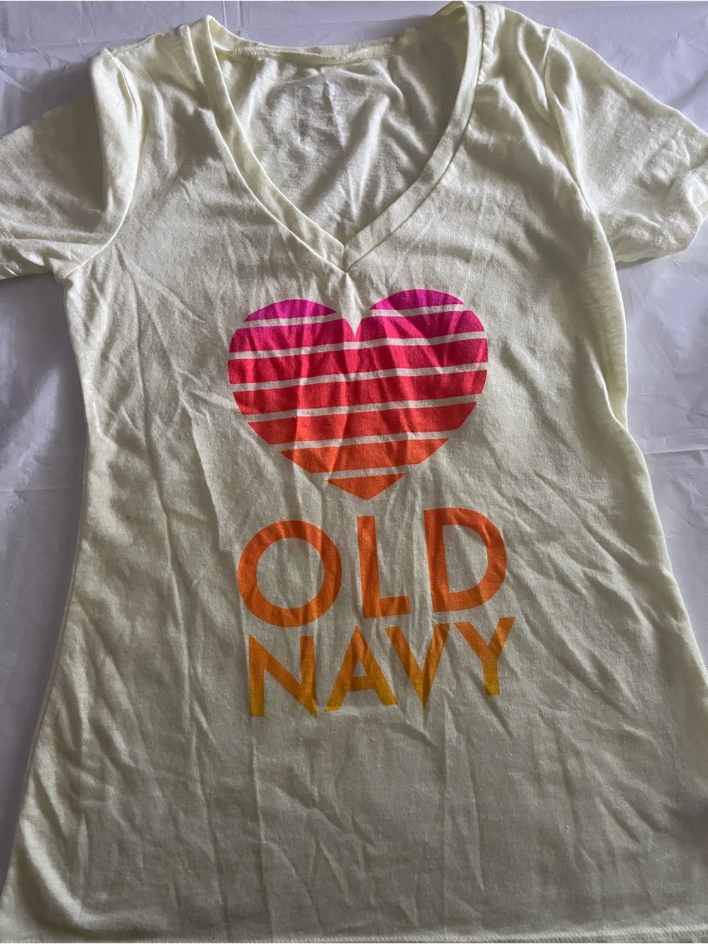 Old Navy Cream V-Neck Tee with Pink and Orange Heart Graphic
